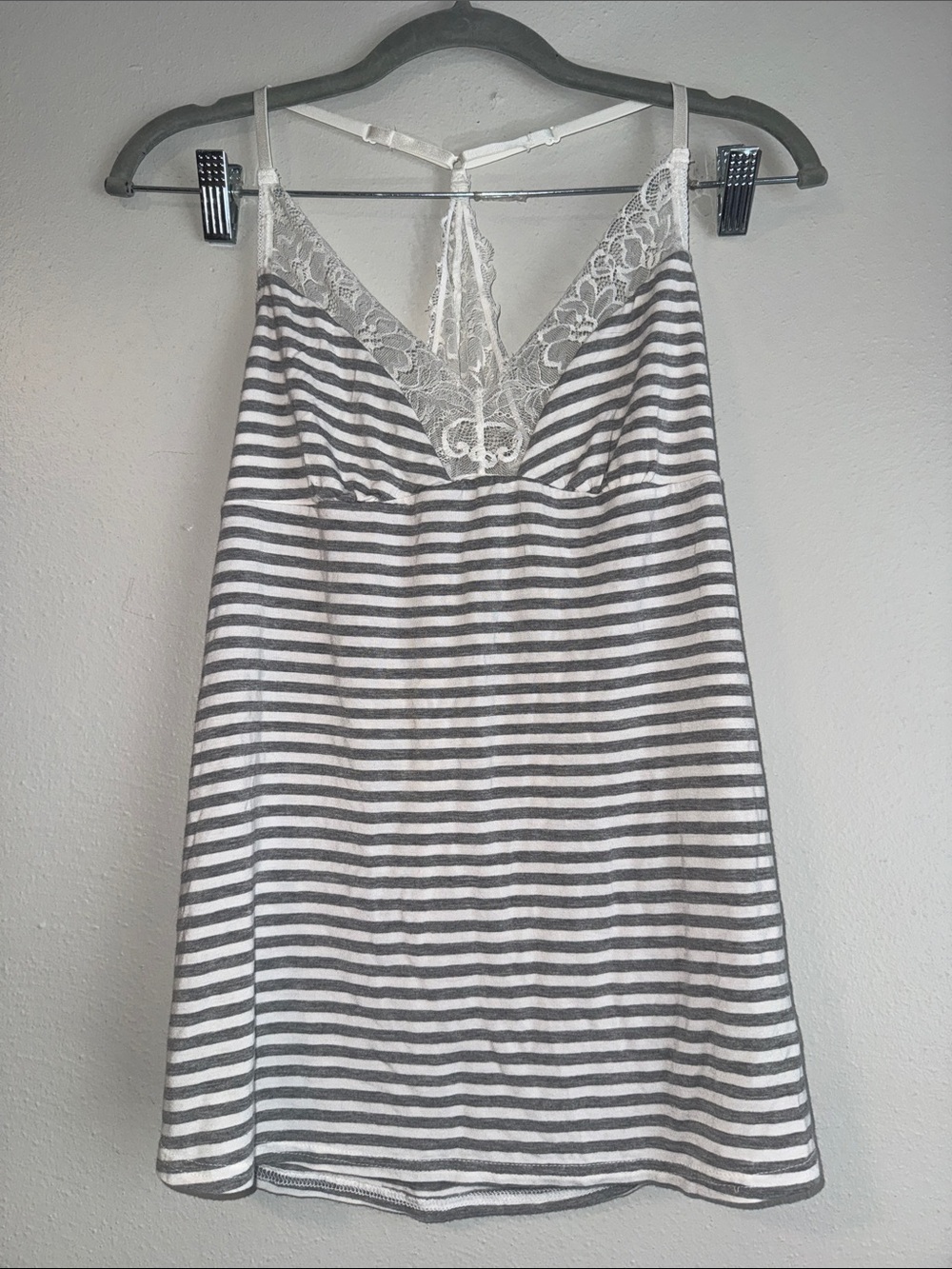 Adore Me Gray & White Striped Lace-Trim Chemise